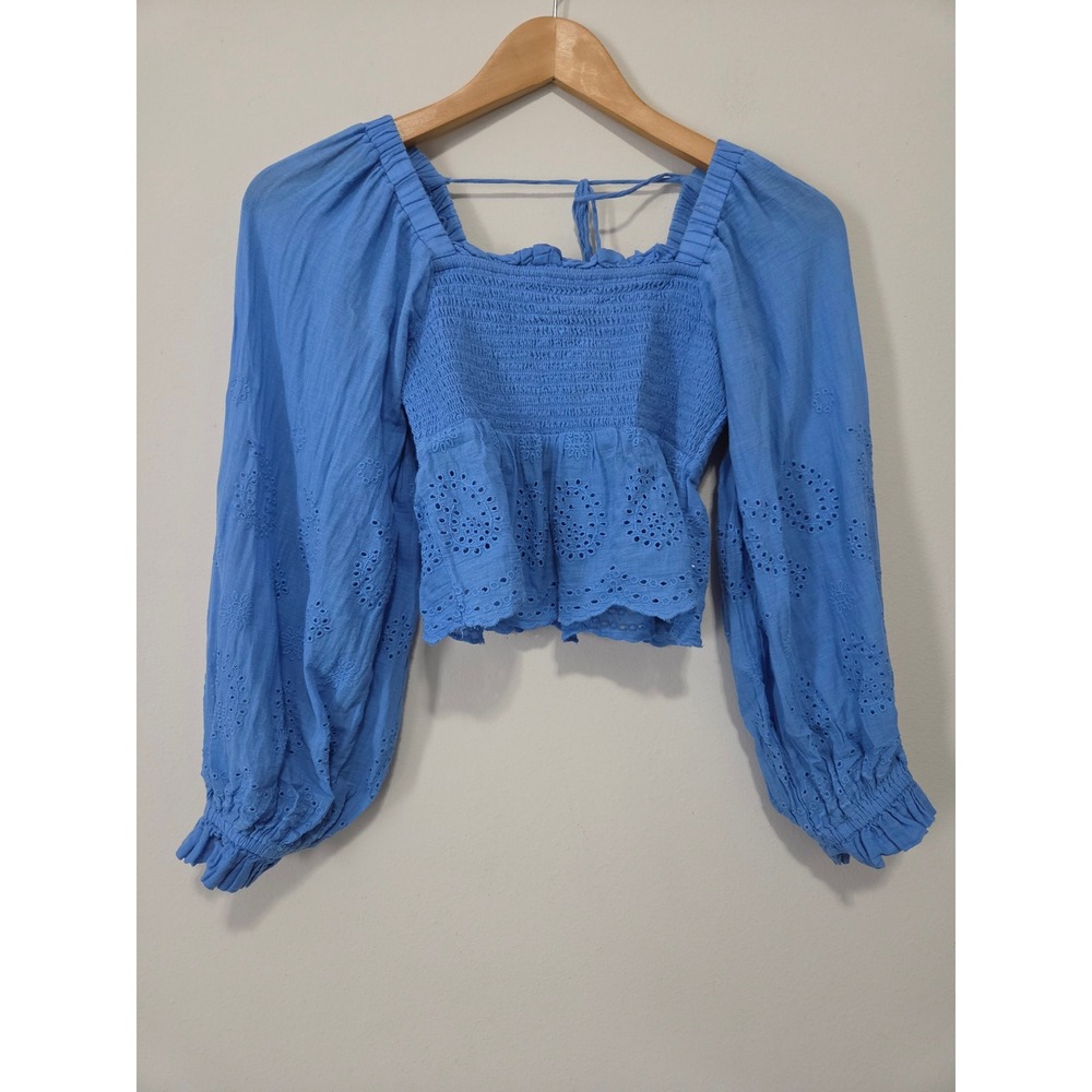 American Eagle Blue Eyelet Smocked Cropped Top Long Puff Sleeve XS